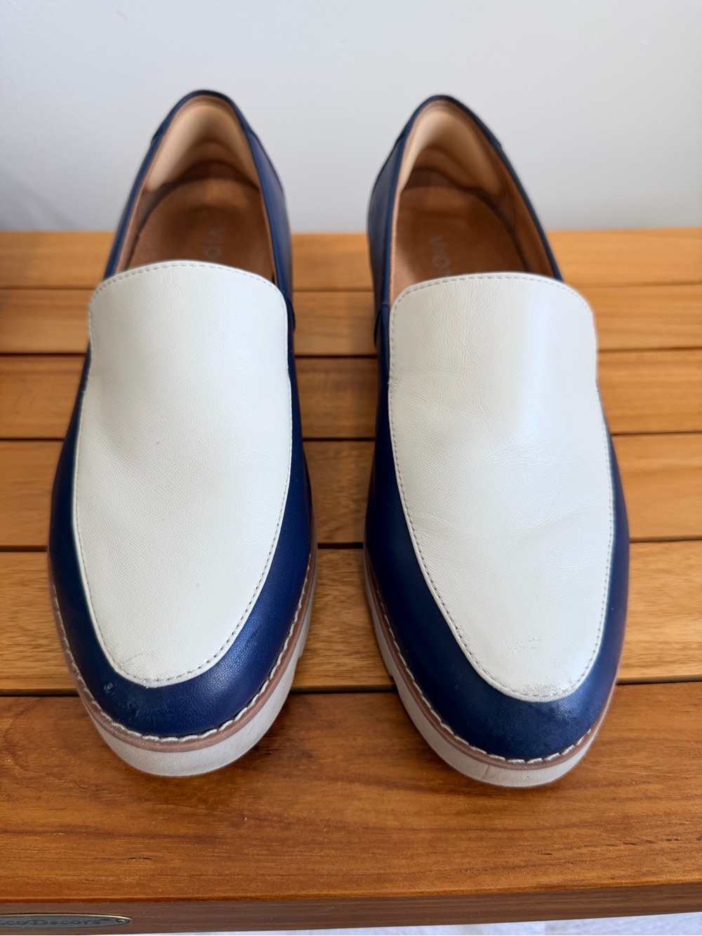Women’s Vionic Two-Tone Navy and White Leather Slip-On Loafers